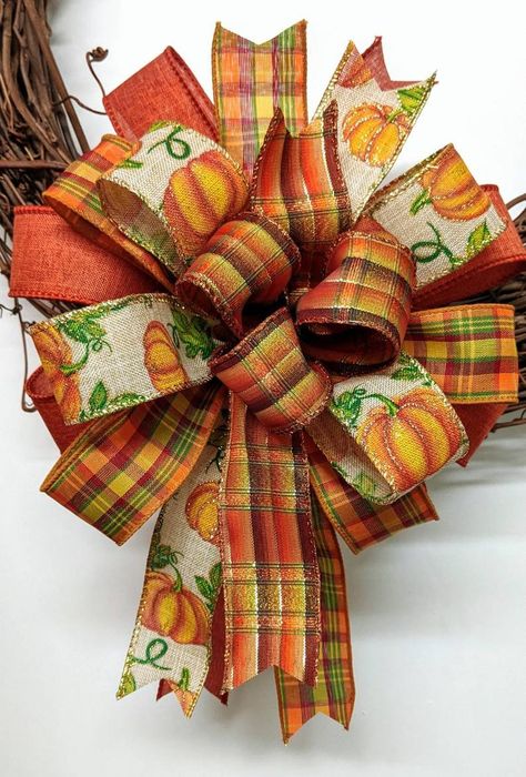 Fall Ribbon Wreath, Fall Mailbox, Bow Pumpkin, Diy Wreath Bow, Fall Lanterns, Make Bows, Thanksgiving Tree, Mailbox Bow, Fall Swags