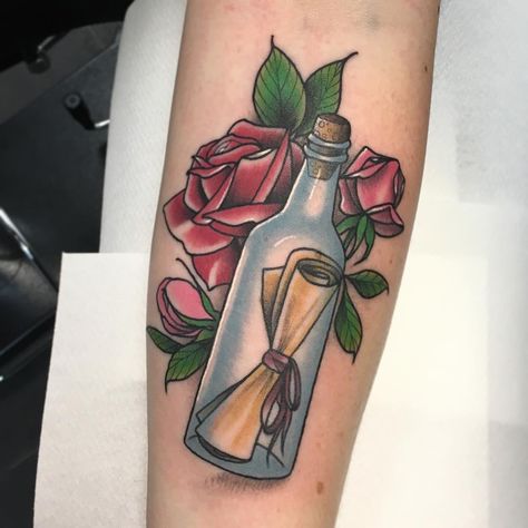 Message in a Bottle Tattoo | Tattoo Ideas and Inspiration Message In A Bottle Tattoo, Traditional Tattoo Woman, Scripture Tattoos, Biblical Tattoos, Bottle Tattoo, Message In A Bottle, Pretty Cool, Traditional Tattoo, I Tattoo