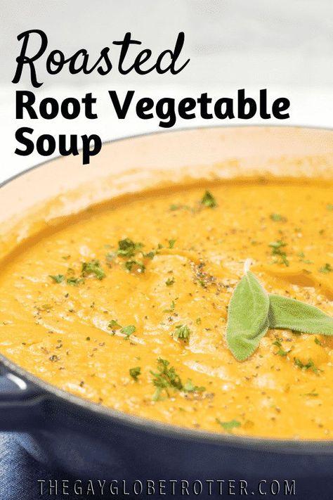 Root vegetable soup is packed full of roasted root vegetables simmered in vegetable stock. It's filled with ingredients like sweet potatoes, potatoes, red onions, carrots, and parsnips for the perfect winter soup! #gayglobetrotter #vegetablesoup #rootvegetablesoup #roastedrootvegetablesoup #rootvegetablesouprecipe #soup #souprecipe Root Vegetable Blend Recipes, Roasted Autumn Vegetable Soup, Irish Root Vegetable Soup, Vegetable Soup Puree Recipe, Broth Soup Recipes Vegetable, Roasted Vegetable Broth, Roasted Fall Vegetable Soup, Vegan Roasted Vegetable Soup, Recipes With Root Vegetables