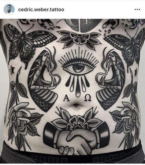 Mens Stomach Tattoo, Patch Tattoos, Small Black Tattoos, Traditional Back Tattoo, Traditional Snake, Traditional Butterfly Tattoo, Traditional Heart Tattoos, Lower Stomach Tattoos, Full Chest Tattoos