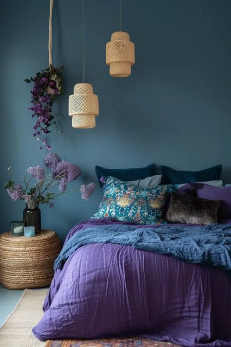 25 Chic Blue and Purple Bedroom Ideas for a Unique Sleep Space - Roomy Retreat Teal Bedroom Paint, Blue And Purple Bedroom Ideas, Blue Purple Bedroom, Purple Wall Bedroom, Purple Bedroom Aesthetic, Blue And Purple Bedroom, Purple Bedroom Walls, Purple Bedroom Ideas, Teal Bedroom Ideas