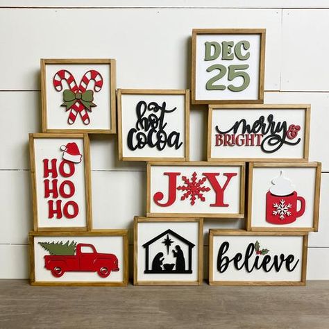 Small Square Christmas Signs, Christmas Mini Signs, Christmas Shelf Sitters Wood Blocks, Framed Christmas Signs, Square Christmas Signs, Small Christmas Signs, Xmas Signs, Christmas Shelf, Tiered Tray Signs