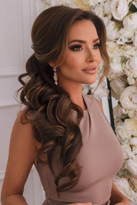 Elegant Wedding Updos For Long Hair With Veil, Indian Bridal Half Up Half Down, Wedding Half Updo With Veil, Ponytail For Wedding Bride, Bridal Hair Long Brunette, Deep Side Part Wedding Hair, Wedding Hairstyles For Long Hair To The Side, Indian Bridesmaids Hairstyles, Wedding Hair Brunette Half Up