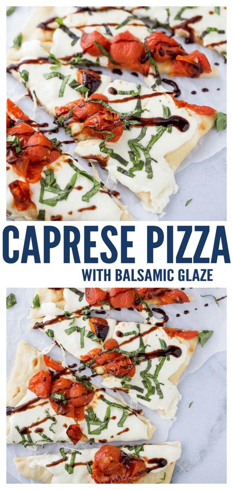 This margherita-style caprese pizza with melty mozzarella makes the perfect appetizer or quick dinner. Its crispy edges, sweet roasted tomatoes, and tangy balsamic reduction really take it to the next level. #flatbreadrecipe #pizzarecipe #pizzaidea #italianrecipe #capresepizza #margaritapizza #capreserecipe #appetizeridea Homemade Caprese Pizza, Caprese Pizza Recipe, Caprese Pizza With Balsamic Glaze, Caprese Flatbread Pizza, Margarita Flatbread Pizza, Fresh Mozzarella Recipes, Balsamic Pizza, Pizza With Fresh Mozzarella, Pizza Oven Recipes Wood Fired