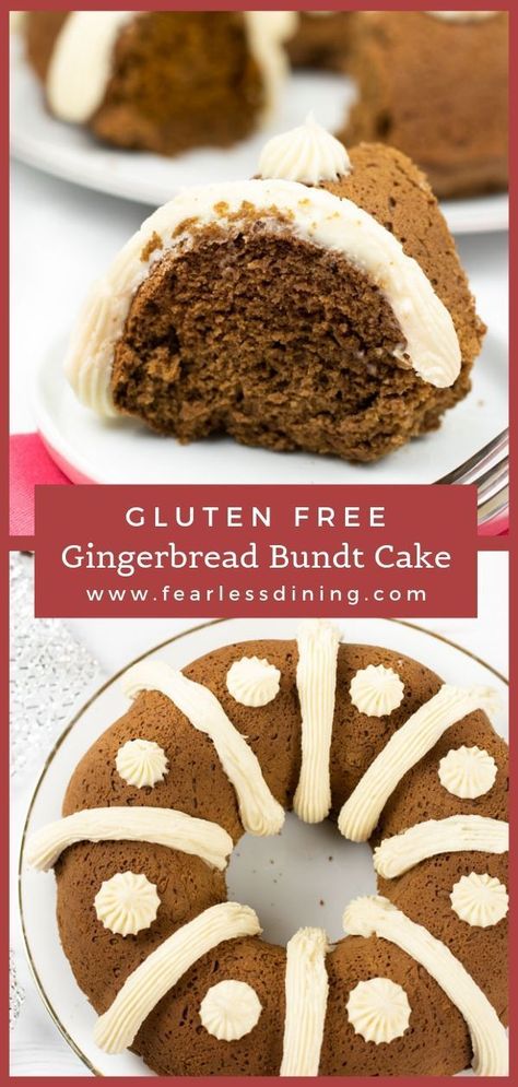 Gingerbread is delicious all year long! This moist and delicious easy Gluten free Gingerbread Bundt Cake recipe is even better topped with cream cheese frosting. Old-fashioned gingerbread flavor. Perfect for Christmas parties, or anytime you want a delicious holiday cake. #gingerbread #fearlessdining #creamcheese #christmascake #bundt #glutenfree Gingerbread Bundt Cake, Gf Sweets, Xmas Recipes, Gluten Free Cake Recipe, Gluten Free Gingerbread, Gluten Free Holiday, Bundt Cake Recipe, Holiday Cake, Gluten Free Cupcakes