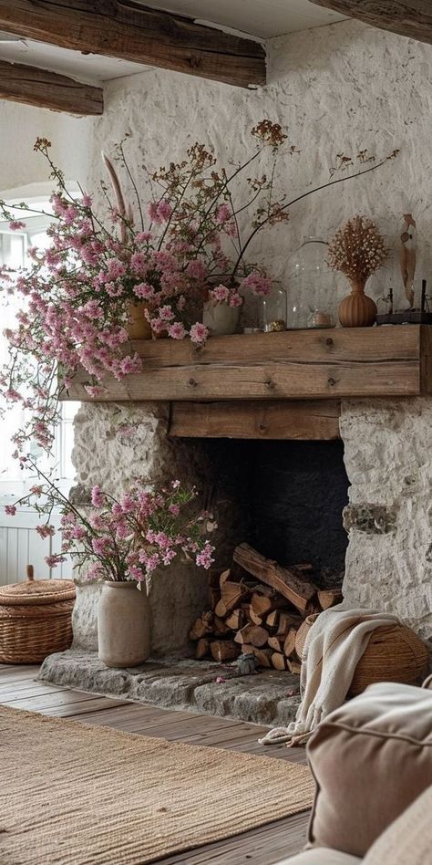 Awesome Fireplaces, Tuscan Courtyard, Koti Diy, Whimsical Cottage, Room Deco, Cottage Interiors, Vintage Bedroom, Log Burner, 수채화 그림