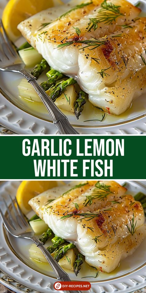 Try this garlic lemon white fish for a zesty and flavorful dish. Baked with butter and herbs, it's an easy and nutritious dinner! Simple White Fish Recipes, Fish And Asparagus Recipes, White Fish And Veggies, White Fish Recipes Healthy Air Fryer, Drum Fish Recipes, Baked White Fish Recipes, Grilled White Fish Recipes, Whiting Fish Recipes, White Fish