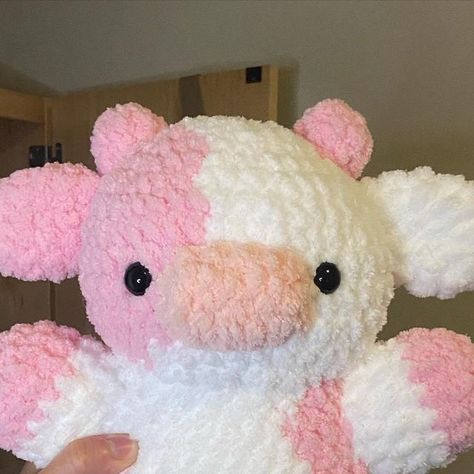 Kaya 💫 on Instagram: "🍓🐮Strawberry Cow🐮🍓 This strawberry cow will be included in my restock on may 6! Pattern: me (not released yet) 🏷️ #crochet #amigurumi #smallbusiness #etsy #handmade #plushie #stuffedanimals #crochetersofinstagram #plushiesofinstagram #crochetplushie #crochetplushies #shopsmall #ribblr #shoplocal #makersofinstagram #cow #strawberry #strawberrycow #crochetcow #cowplush #cowplushie" Fluffy Cow Crochet Pattern Free, Strawberry Cow Aesthetic, Crochet Fluffy Cow, Strawberry Cow Crochet Pattern Free, How To Crochet A Strawberry Cow, Cute Crochet Plushies Free Pattern Cow, Strawberry Cow Amigurumi Free Pattern, Strawberry Cow Crochet Pattern, Crocheted Strawberry Cow