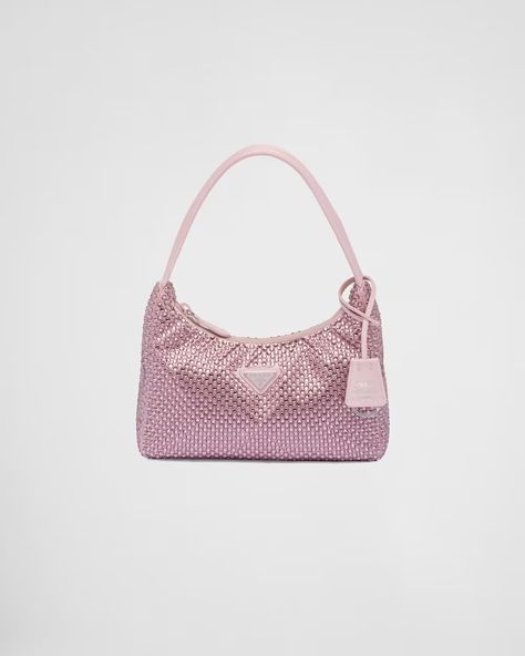 Alabaster Pink Satin mini-bag with crystals | PRADA Pink Prada Bag, Prada Re Edition 2000, Prada Mini, Prada Re Edition, Prada Collection, Sequin Bag, Crystal Bags, Satin Bags, Pretty Bags