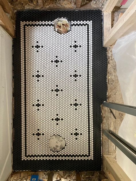 Bathroom Floor Tile Vintage, Vintage Hex Tile Bathroom, Penny Tiles Shower Floor, Penny Tile Words Bathroom, Marble Look Tile Bathroom Floor, Penny Tile Vestibule, Classic Penny Tile Bathroom, Diy Penny Tile Floor, Black White Penny Tile Bathroom