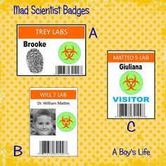 Free Printable Mad Scientist Badges Kids Silly Socks, Diy Kids Halloween Costumes, Name Of Dog, Science Party Invitations, Science Party Ideas, Mad Scientist Costume, Scientist Costume, Mad Scientist Halloween, Vacation Bible School Craft