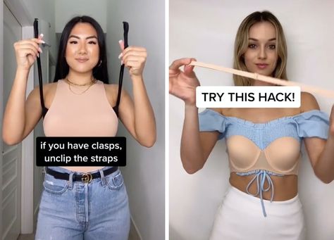 We Tested the Top TikTok Bra Hacks So You Don’t Have To - PureWow Backless Dress Bra Hacks, Backless Tank Top Outfit, Bra Ideas Diy Backless Dresses, Diy Halter Bra Ideas, Bra Hack For Open Back Top, Open Back Shirt Bra Hack, Different Bras For Different Tops, Halter Neck Dress Bra Hack, Bra Hack For Tank Top