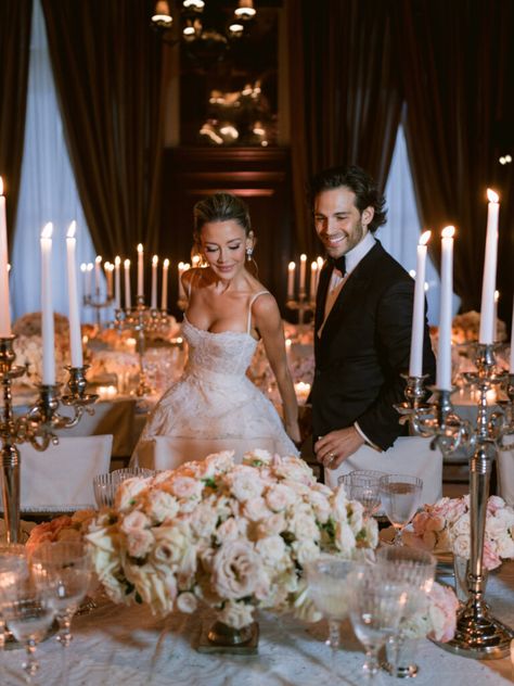 The Bar Co-Founder Bridget Bahl and Dr. Michael Chiodo's Wedding Reception Was Inspired by Princess Diana and Aerin Lauder - Over The Moon Wedding Core, Hotel Wedding Reception, Bride Groom Table, Aerin Lauder, Como Wedding, Vogue Wedding, Table Centrepiece, Wedding Hall, Wedding Dinner