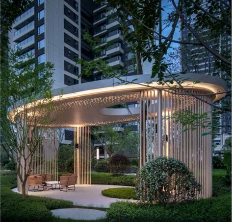 Modern Shelter Design, Gazebo Landscape, Campus Landscape Design, Outdoor Pavillion, Round Gazebo, Park Pavilion, Shelter Design, Entrance Gates Design, Cool Tree Houses