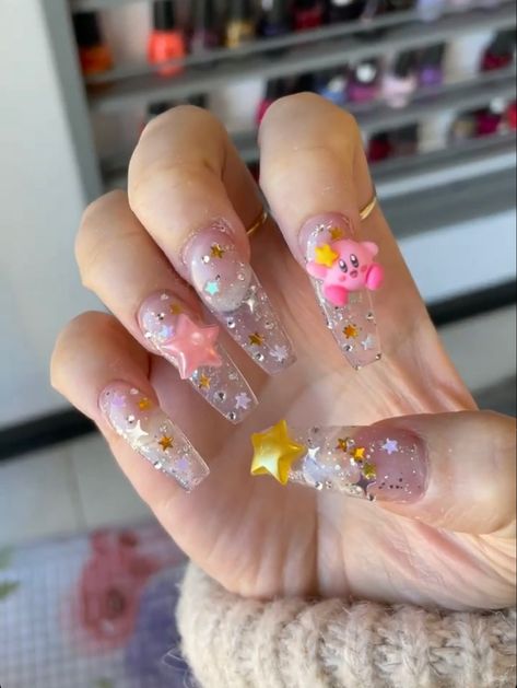 Cute Nail Charm Designs, Kirby Themed Nails, Kirby Inspired Nails, Kirby Nail Design, 3d Star Nails, 3d Kawaii Nails, Kirby Nails Acrylic, Nail Designs With Stars, Colour Nail Designs