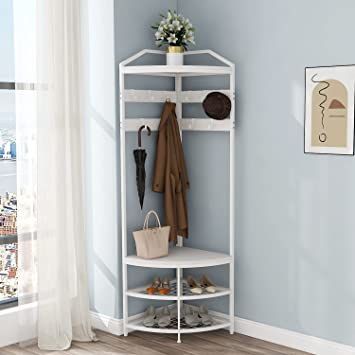 GiftGo Corner Hall Tree with Shoe Bench Entryway Coat Rack with 10 Metal Movable Hooks Retro Brown Freestanding Clothes Rack Shoes Shelf Organizer for Home Office Bedroom 1920 Cottage, Corner Coat Rack, Corner Hall Tree, Shoes Shelf, White Coat Rack, Corner Shelf Design, Wooden Storage Shelves, Shoe Bench Entryway, Bench Entryway