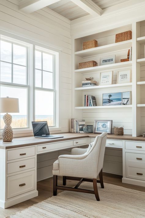 13 Home Office Decor Ideas To Elevate Your Workspace - DreamyHomeStyle Home Office L Shaped Desk, Office Built In Cabinets And Desk, Home Office Bright, Elegant Office Design, Colourful Home Office, Beachy Apartment Decor, Small Home Office Inspiration, Small Home Office Design, Corner Desk With Storage