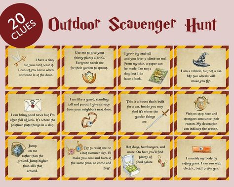 Harry Potter Treasure Hunt, Harry Potter Scavenger Hunt, Harry Potter Party Decor, Harry Potter Motto Party, Harry Potter Printable, Harry Potter Party Games, Outdoor Scavenger Hunt, Harry Potter Party Decorations, Harry Potter Theme Birthday