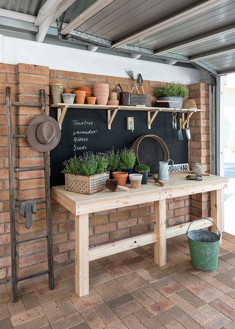 Five sneaky ways to store more in your garage | Better Homes & Gardens Bunny Farm, Garden Shed Interiors, Shed Makeover, Shed Interior, Garden Tattoo, Shed Organization, Greenhouse Shed, Potting Table, Backyard Greenhouse