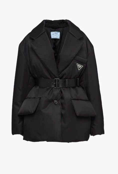 NWT Prada Reissue Nylon Belted Puffer Blazer in Size 38/S Black~HOTTEST/SOLDOUT. 100% Authentic! New with tags Never worn Comes with Prada hanger and dustbag Hardest jacket to find in small!! Oversized blazer puffer with puff pockets, back vent, buttons at sleeves and in front and a mesh adjustable belt for fit! Rubber Prada placket on chest pocket! So warm down filled Will keep it if I don’t sell it!!! NO RETURNS! See my reviews! Helps to know seller! All things I sell are my own purchased and Prada Outfits, Prada Coat, Ny Hat, Prada Jacket, Png Clothes, Silk T Shirt, Black Tweed, Miuccia Prada, Belted Jacket