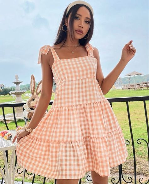 Tie Shoulder Dress, Dresses Orange, Pink And Blue Dress, Orange Gingham, Tropical Dress, Checkered Dress, Spaghetti Strap Mini Dress, Shein Dress, Shein Dresses