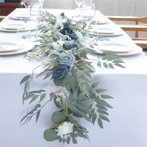 Dusty Blue Wedding Decorations Flowers, Eucalyptus And Blue Centerpiece, Dusty Blue Eucalyptus Wedding Flowers, Vine Centerpiece Wedding, Simple Wedding Table Decor Dusty Blue, Dusty Blue Wedding Shower Decorations, Dust Blue Wedding Centerpieces, Dusty Blue Fall Wedding Table Settings, Navy Blue And Dusty Blue Wedding Decorations