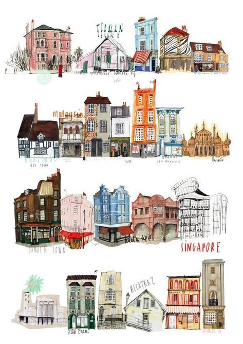 Illustrated Buildings, Nina Cosford, Reportage Illustration, Houses Exterior, London Visit, Building Illustration, Colourful Buildings, House Illustration, City Illustration