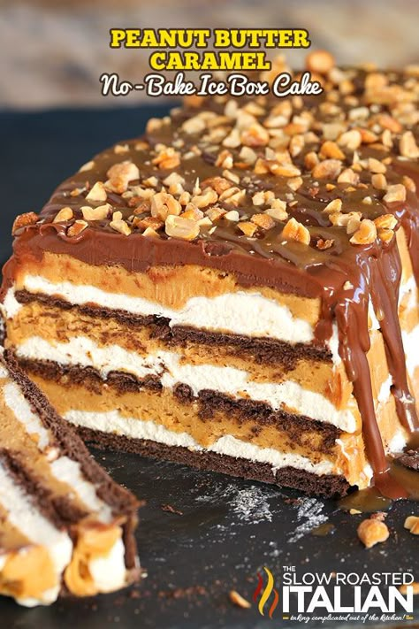 This no-bake cake starts with a flavor explosion of peanut butter, caramel and chocolate. What could possibly be better? How about a simple recipe with mind blowing results?  This fabulous cake is stacked with layer upon layer of sweet and salty creamy peanut butter filling, cream and chocolate cookies. After a trip to the fridge the layers become this incredible moist, creamy cake...  all without ever turning the oven on. @skippybrand Brownies Truffles, Refrigerated Desserts, Icebox Cakes, Ice Box Cake, Icebox Desserts, Peanut Butter Caramel, Box Cakes, Icebox Cake Recipes, Pecan Pies