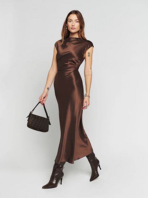 Silk Dresses Outfit, Brown Silk Dress, Brown Bridesmaid Dresses, Silk Dress Short, Cowl Dress, Wedding Attire Guest, Brown Dress, Long Sleeve Maxi Dress, Satin Dresses