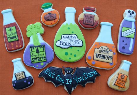 Halloween Potions (The Cookie Artisan) Potion Cookies Decorated, Potion Cookies, Edible Markers, Cookie Halloween, Frog Eyes, Special Cookies, Frosted Cookies, Halloween Potion Bottles, Halloween Cookies Decorated