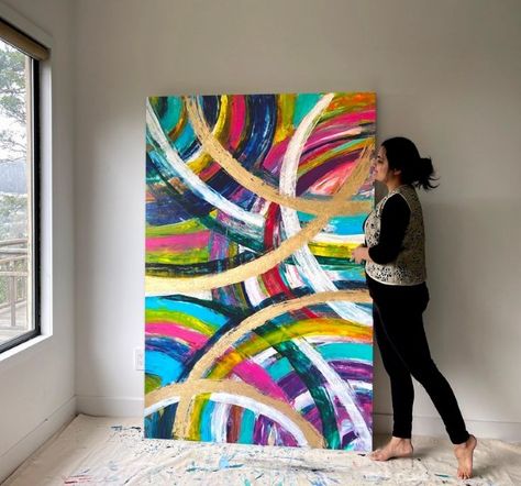 Colorful Canvas Art Wall Decor, Happy Abstract Art, Rainbow Abstract Art, Colorful Artwork Abstract, Apartment Painting, Painting Geometric, Multicolor Art, Art 2023, Abstract Ideas