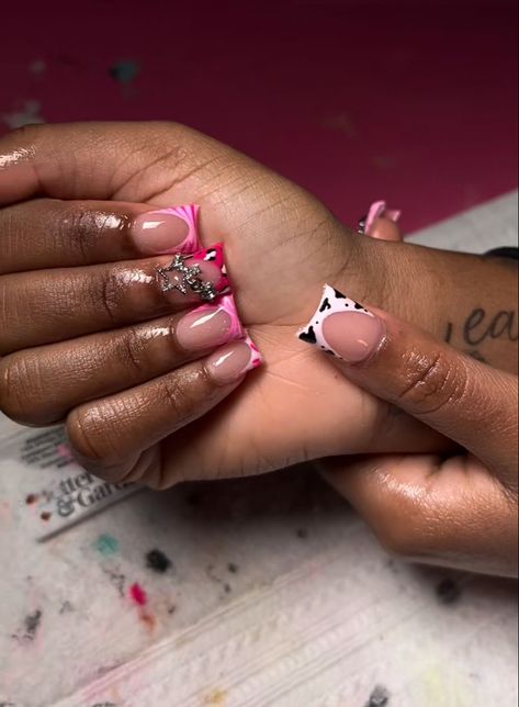 Cow Print Duck Nails, French Tip Cow Print Nails, French Tip Cow Print, Cow Print Nails Short, Pink Cow Print Nails, Nail Suggestions, Shorties Nails, Cow Print Nails, Cow Nails