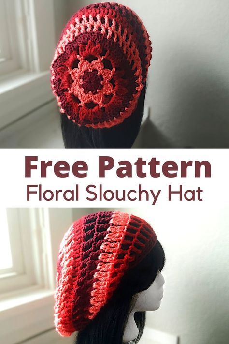 You don't have to put down your crochet hook just because the weather is getting warmer. Try this easy & free slouchy crochet hat. The center has a beautiful flower motif. Don't worry, this crochet hat pattern is simple. If you can crochet a granny square than you can complete this summer crochet project.  #Crochetslouchyhat #crochethat #crochetsummerproject Head Cover Crochet, Summer Slouchy Hat Crochet Pattern Free, Crochet Projects With Buttons, Granny Square Slouchy Hat Free Crochet, Quick Crochet Projects Free Simple, Half Skein Crochet Project, Crochet Crazy Hats, Crochet Rasta Hat Pattern Free, Crochet Flower Hat Pattern Free