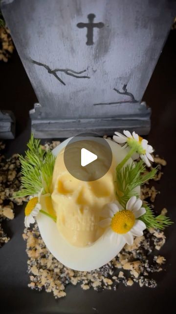 Lori Castellon on Instagram: "Sautéed onions, garlic, Gruyère and cream cheeses, sour cream, mustard powder, s&p, and garnished with edible flowers and dill, laid to rest on edible soil made with crispy onions, poppy and sesame seeds. 💛💀💛

✔️Laid to Rest Deviled Eggs recipe on ghoulatheart.com (link in profile)
✔️You can find a similar mold on my Amazon storefront or use the skull mold that comes with the new Horror Movie Character mold from @shapedicemolds Both links are in my profile. 💛😁💛

129 days…🎃
#halloween #ghoulatheart #spookyseason #explorepage #halloweenideas #halloweenrecipes #halloweenvibes #halloweenpartyfood #halloweenfood #halloweenappetizers #deviledeggs #skullmolds #eggs #eggdishes #skullsofinstagram #halloweenrecipes #skullmolds #siliconemolds #skulls #laidtorest" Edible Soil, Sautéed Onions, Halloween Party Planning, Mustard Powder, Skull Mold, Halloween Food Treats, Halloween Appetizers, Deviled Eggs Recipe, Crispy Onions