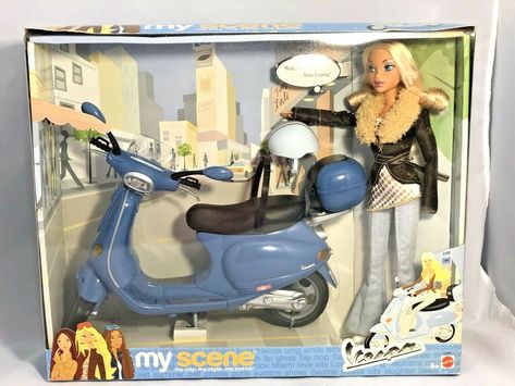 Myscene Dolls, Retro Room Ideas, My Scene Barbie, My Scene Dolls, Vespa Scooter, My Scene, Im A Barbie Girl, Nostalgic Toys, Motor Bike