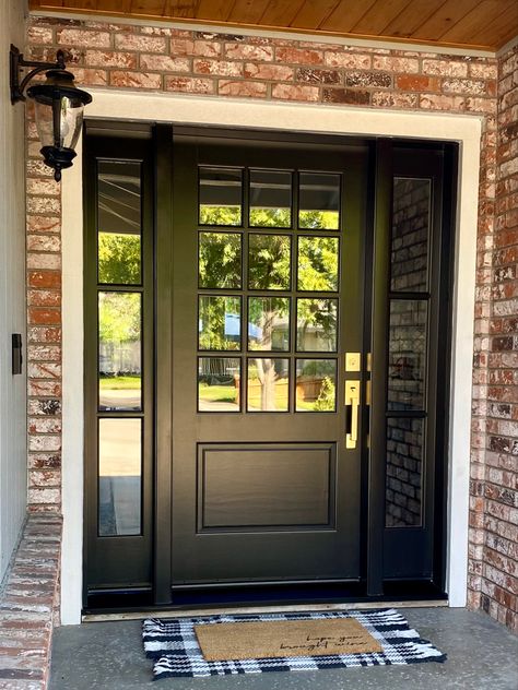 Glass Front Doors With Sidelights, Dark Front Door With Sidelights, Black Front Door With Glass Side Panels, Black Front Door With Sidelights, Sw Tricorn Black, Dark Front Door, Anderson Doors, Front Door Sidelights, Black Entry Doors