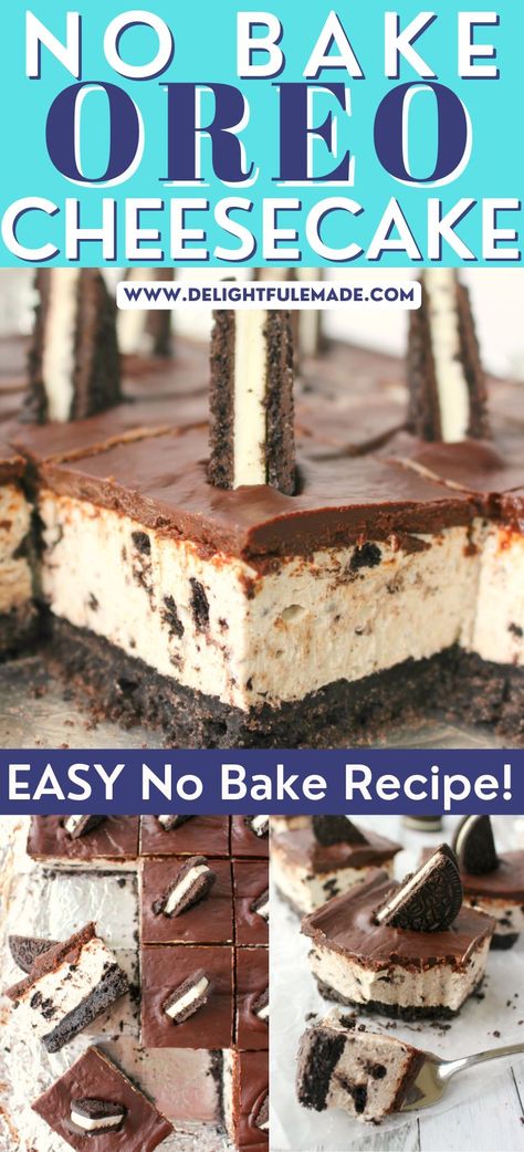 This no bake OREO cheesecake offer a thick OREO crust, creamy OREO cheesecake filling, and topped with a thick, delicious layer of chocolate.  This no bake OREO cheesecake recipe is perfect for just about any occasion! No Bake Oreo Cheesecake Recipe, Oreo Cheesecake Filling, Baked Oreo Cheesecake Recipe, Oreo Cheesecake Recipe, Oreo Delight, Oreo Cheesecake Bars, Oreo Cheesecake Recipes, No Bake Chocolate Cheesecake, Oreo Pie