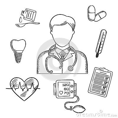 Hand drawn medical items and doctor Medical Related Drawings, Doctor Sketch Medical, How To Draw A Doctor, Doctor Sketch Drawings, Doctor Drawing Medical, Doctors Day Drawing, Doctors Drawing, Doctor Drawing Easy, Chef Equipment