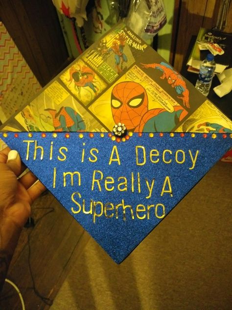 Superhero Graduation Cap Creative Graduation Caps, College Grad Cap Ideas, Graduation Cap Decoration Diy, Diy Canvas Art Easy, High School Graduation Cap, College Graduation Cap Decoration, Grad Hat, Grad Cap Designs, Diy Graduation Cap