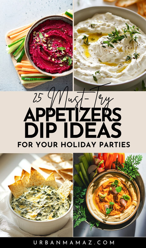 Appetizer Dips for Your Holiday party Seven Layer Dip Recipe Easy, Dips For Focaccia, Dips For Holiday Party, Fun Dip Recipes, Dips Giving, Festive Dips Appetizer Recipes, Different Dips Appetizers, New Year Dips, New Years Eve Veggie Tray