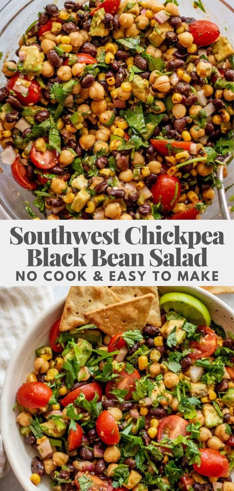 This Southwest Chickpea Black Bean Salad comes together in 15 minutes with a delicious zesty chili lime vinaigrette. Easy to make and prep for the week ahead! Chili Lime Bean Salad, Bean Salad With Cilantro, Bean Salads Healthy Easy, Southwestern Black Bean Salad, Black Bean Garbanzo Salad, Chickpea Taco Salad, Vegetarian Chickpea Salad, Southwest Black Bean Salad, Southwest Chickpea Salad