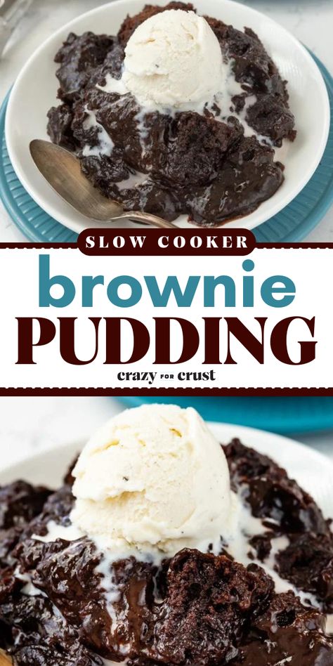 Satisfy your craving for chocolate brownies with this yummy treat! It's an easy dessert idea featuring a crockpot lava cake recipe. Rich and ooey gooey, this Slow Cooker Brownie Pudding tastes so good! Crockpot Pudding, Crockpot Brownies, Crockpot Lava Cake, Pudding Brownies, Slow Cooker Brownies, Brownie Pudding, Ms Recipes, Veruca Salt, Desserts For A Crowd