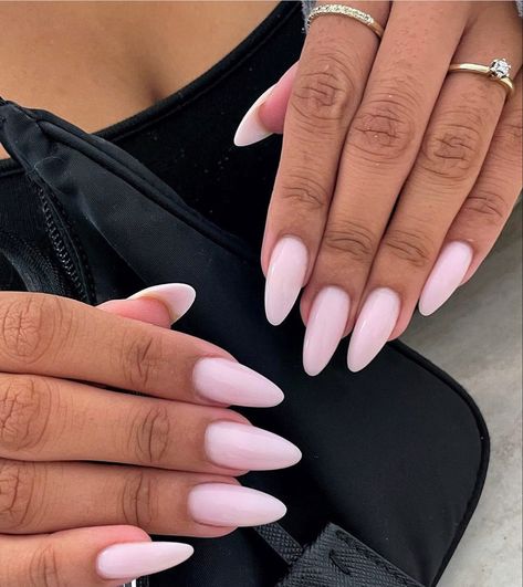 Light pink almond shaped acrylics Medium Long Almond Nails, Soft Elegant Nails, Long Pink Almond Nails, Nail Inspired Almond, Long Almond Nails Pink, Nails Summer 2024 Almond, Mandel Nails, Milky Pink Almond Nails, Light Pink Almond