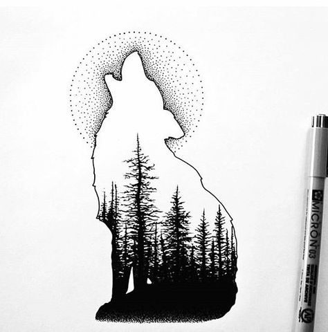 Wilderness Tattoo, Wolf Paw Print, Lup Singuratic, Wolf Sketch, Wolf Tattoo Sleeve, Wolf Paw, Moon Wolf, Howling At The Moon, Stippling Art