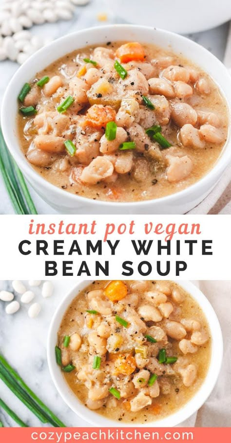 This creamy vegan white bean soup is a healthy and cozy soup made with dry great northern beans. Just add a few pantry staples to your Instant Pot and get excited for a comforting dairy-free stew. White Bean Soup Instant Pot, Vegan White Bean Soup, Easy Beans, Vegan Bean Recipes, Instant Pot Vegan, Vegan Instant Pot Recipes, Soup Appetizers, Northern Beans, Vegan Soup Recipes