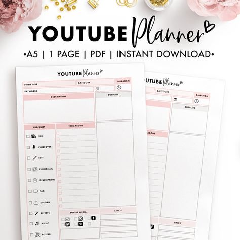 A5 Youtube Planner | Etsy Podcast Planner, Youtube Planner, Podcast Template, Social Media Checklist, Create Your Own Planner, Kikki K Planner, Media Planner, Planner Inserts Printable, Social Media Planner