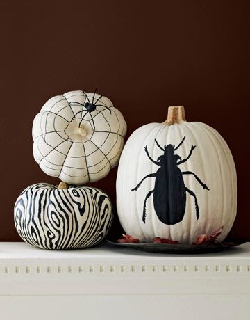 I don't do Halloween decorating...more traditional "fall" type stuff, but I love the graphic nature of these black & white pumkins! Diy Halloween Dekoration, Dekorasi Halloween, Hallowen Ideas, Halloween Fest, Labu Halloween, Halloween Pumpkins Painted, Diy Halloween Decor, Creative Pumpkins, Halloween Pumpkins Carvings