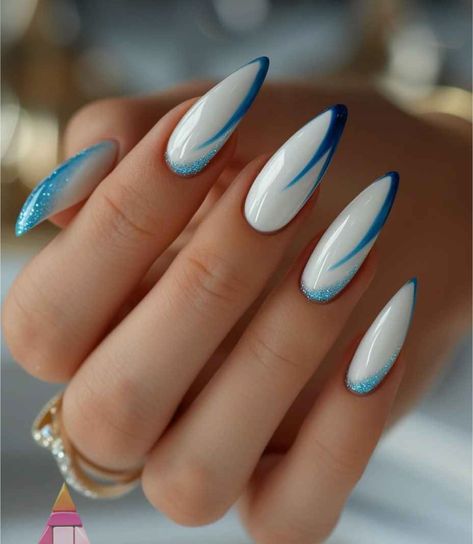 White Nails With Blue, Blue White Nails, White Blue Nails, Patterned Nails, Nails Blue And White, White And Blue Nails, Nail Art White, Blue And White Nails, Her Nails