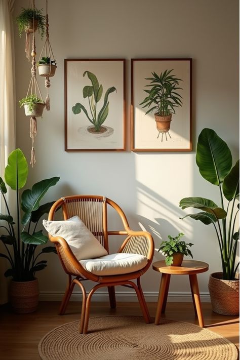 Cozy corner with botanical prints and hanging plants in vintage-inspired setting White Walls Home Decor, Plant Shelf In Living Room, Living Room Plants Decor, Tropical Living Room, Room Plants, Designer Living Room, Sleek Coffee Table, Garden Living Room, Cozy Living Room Design