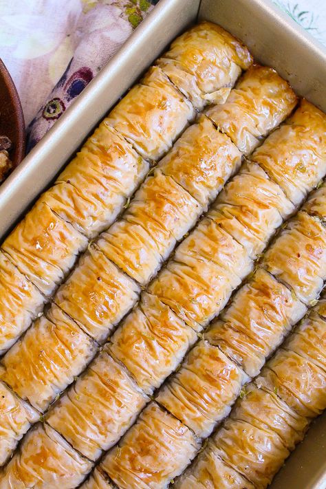 Baklava Rolls - Maral in the Kitchen Phyllo Dough Roll Ups, Baklava Rolls Phyllo Dough, Baklava Puff Pastry Cinnamon Rolls, Baklava Cinnamon Rolls, Baklava Rolls Recipes, Rolled Baklava, Beef Curry Stew Recipe, Crusty French Baguette Recipe, Baklava Rolls